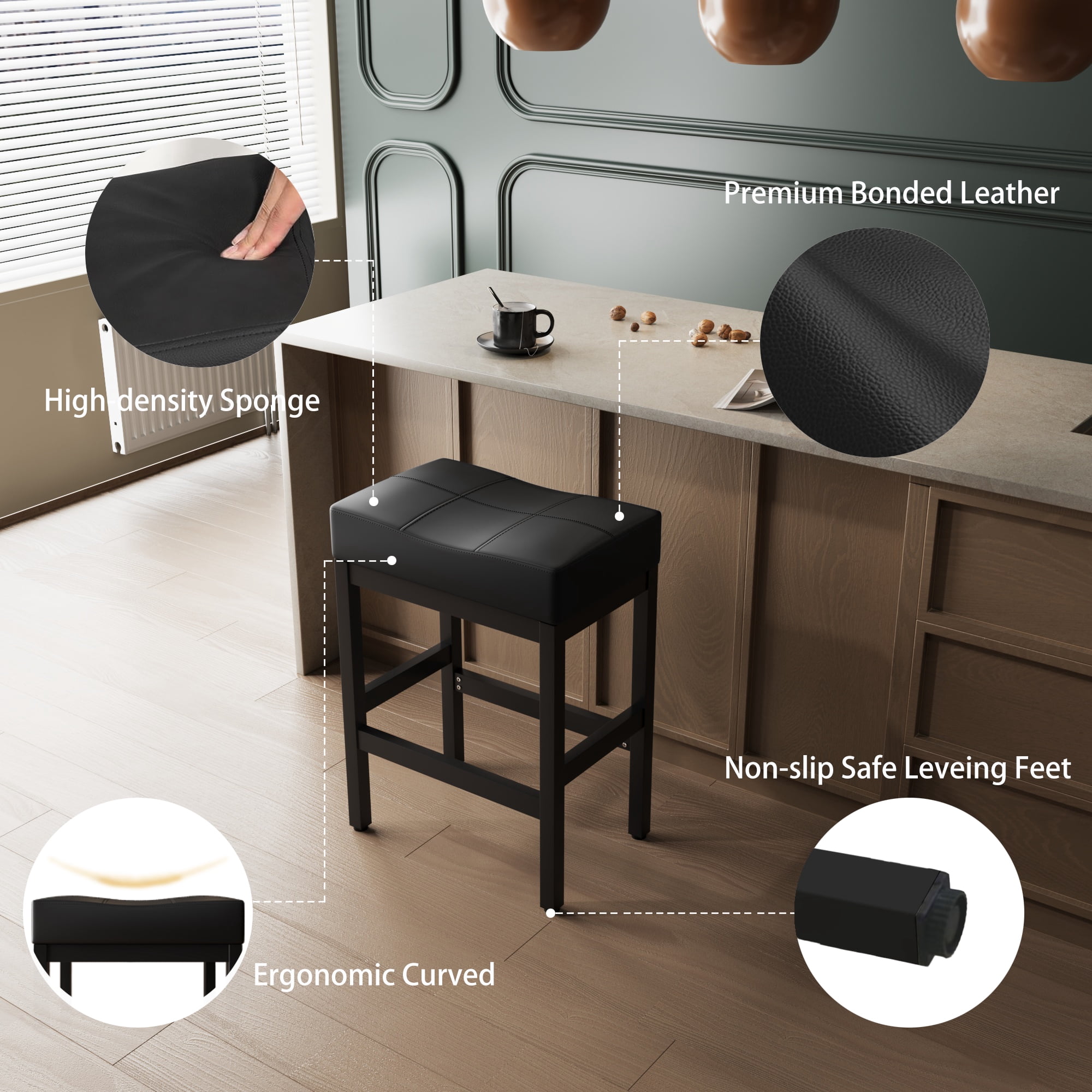Bar Stools, Set of 2 Bar Chairs, Saddle Barstools with Curved Surface for Kitchen, Dining Room, Cafe, Black