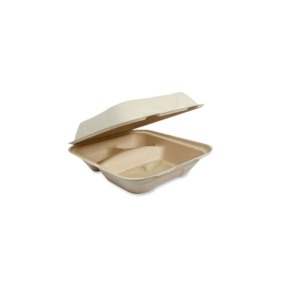 3-Compartment 8.8 in. x 8.2 in. x 2.9 in. Paper Fiber Hinged Containers - Natural (300/Carton)