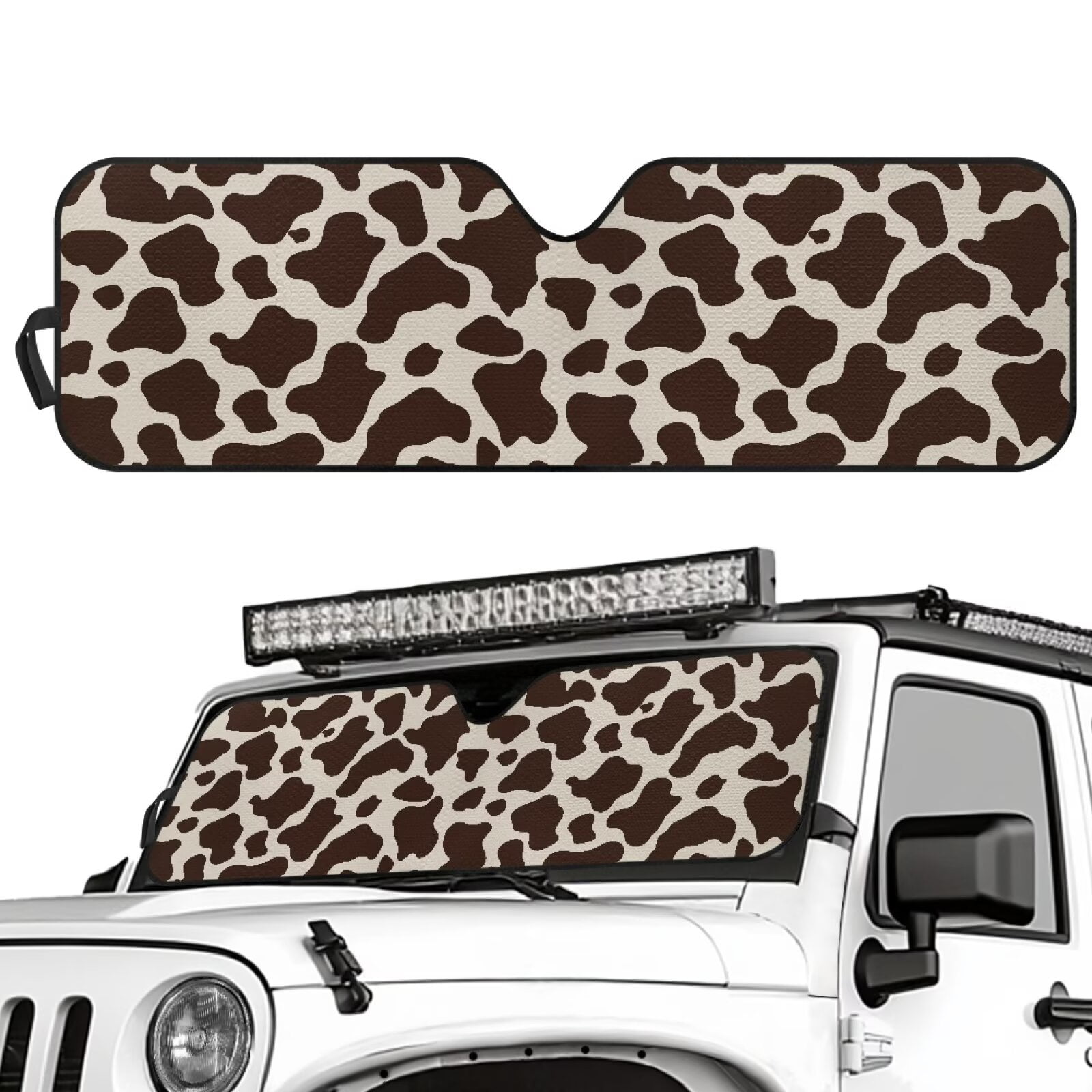 HUIACONG Brown Cow Print Sun Shade Windshield for Jeep Wrangler JK JKU JL JLU1997-2024,Window Sun Visor for UV Rays & Heat Protection,主题+ Windshield Sunshade