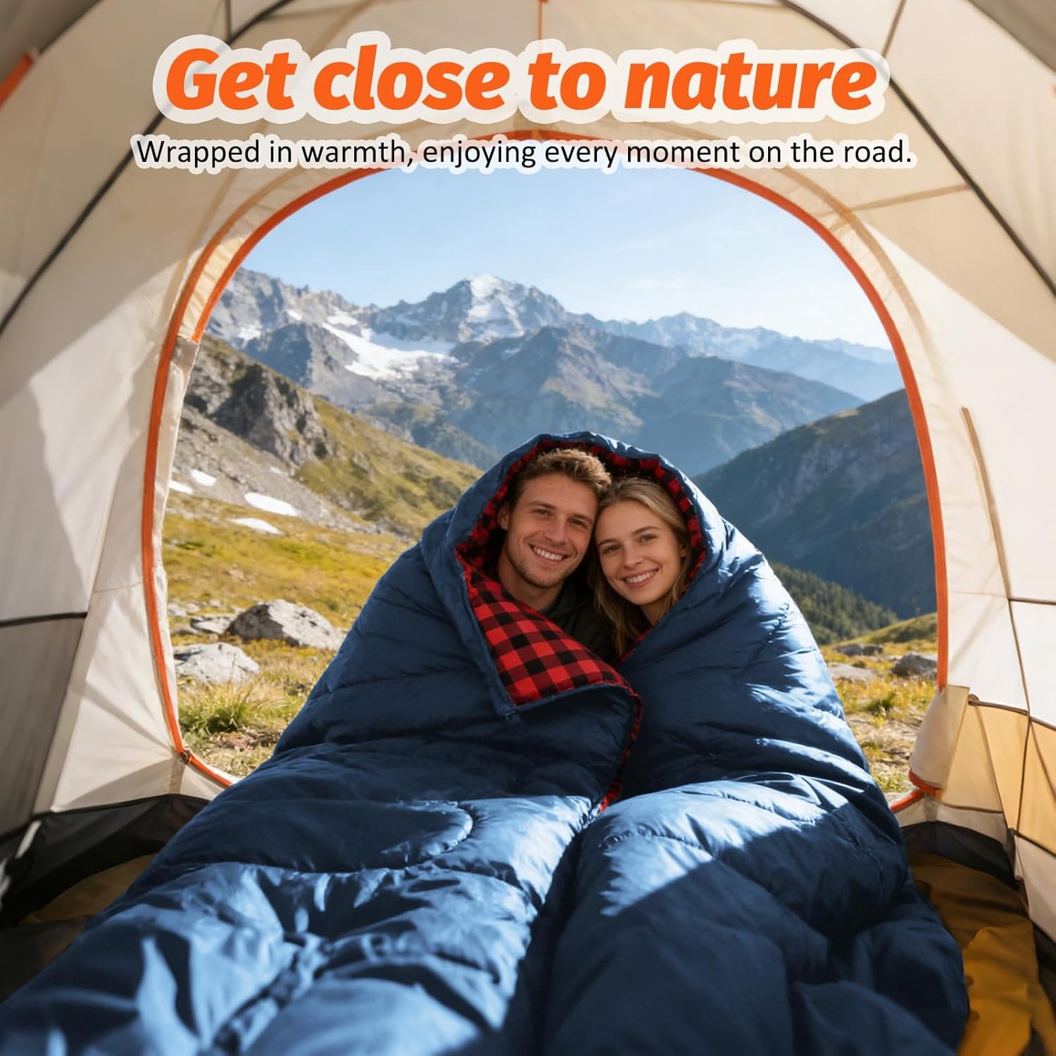 Double Sleeping Bag for Adults with 2 Pillows, Big & Tall Queen Size XL Sleeping Bag for 2 Person, Waterproof & Lightweight Warm for 3 Seasons, Cold Weather,Camping, Hiking & Backpacking