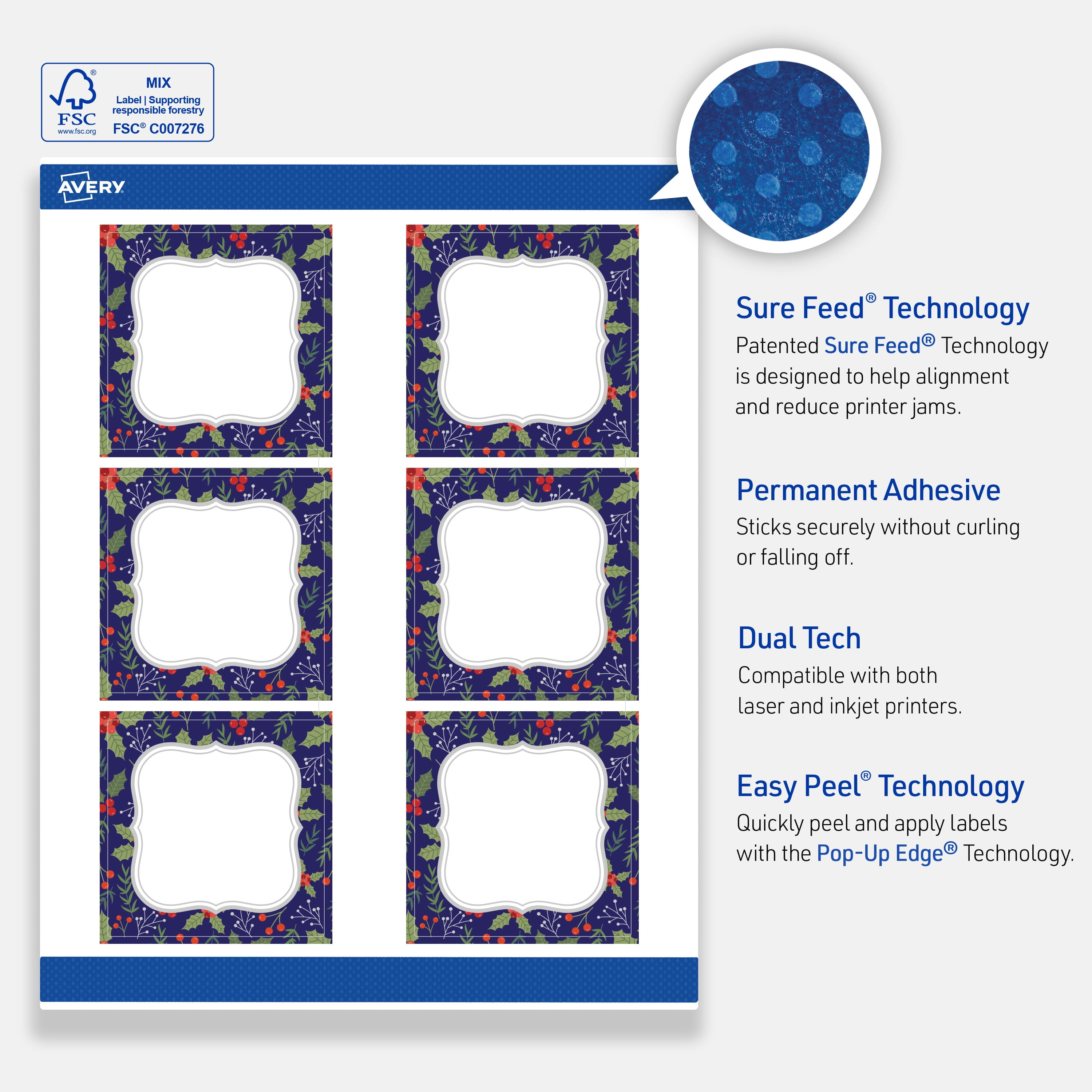 Avery Labels, 3" x 3", Matte White, Navy/Metallic Silver Frame