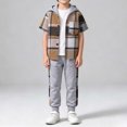 thumbnail image 2 of BLVB Boys Clothes Sets Plaid Short Sleeve Hooded Button Shirt and Jogger Pants for Toddler Kids Fall Outfits(Khaki AA1,6-7Years), 2 of 9