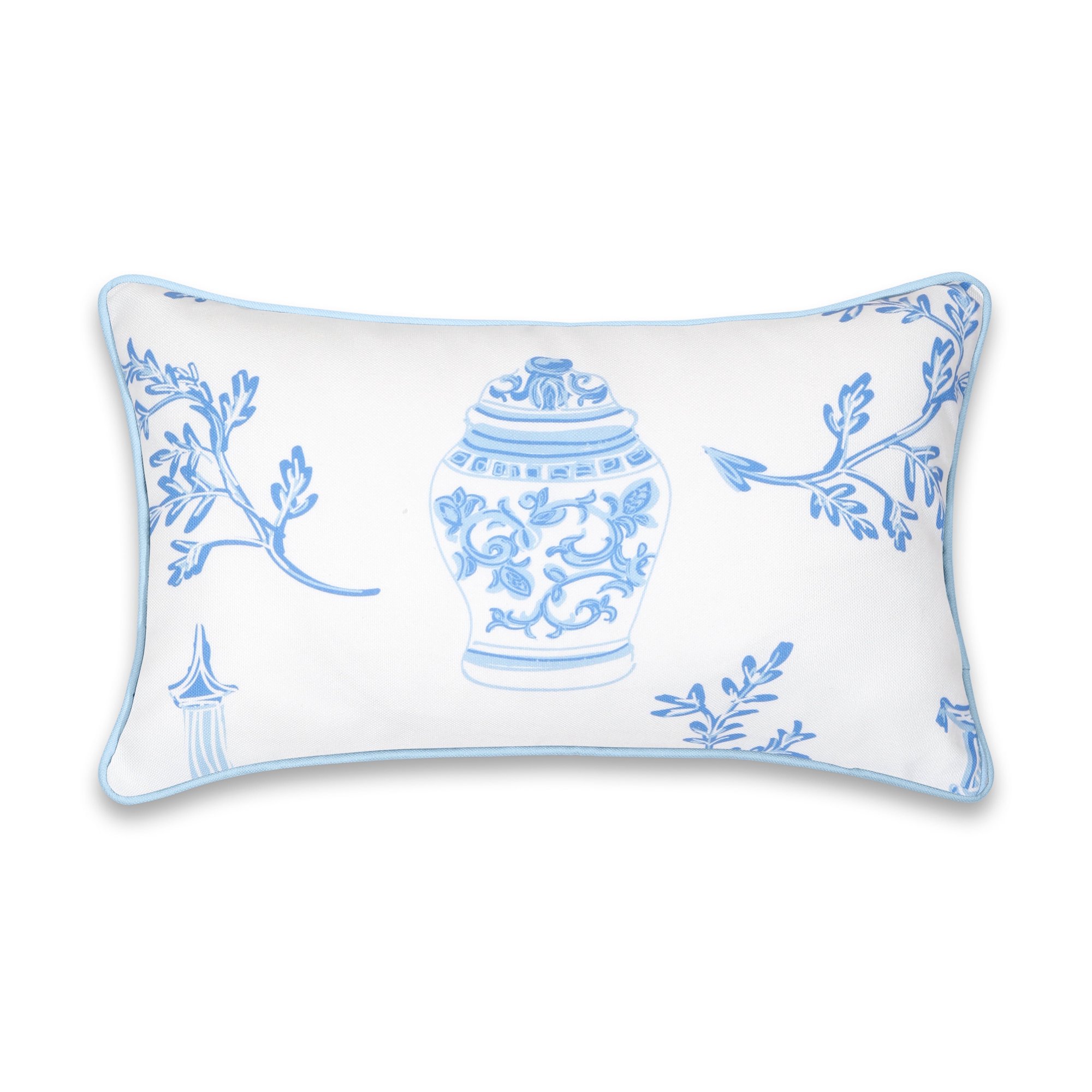 Hofdeco Premium Coastal Patio Indoor Outdoor Lumbar Pillow Cover Only, 12"x20" Water Repellent for Backyard, Couch, Baby Blue Chinoiserie with Piping