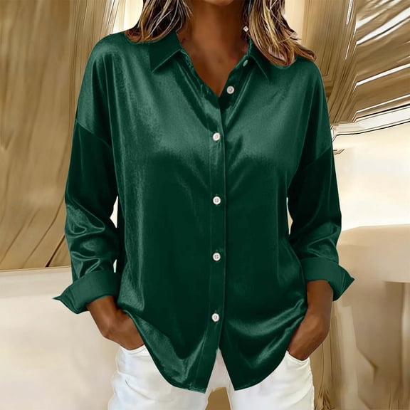 Gamivast Silk Shirts for Women Long Sleeve Dressy Button Down Shirt Comfy Satin Lapel Collar Drop Shoulder Tops Casual Loose Blouse Work Office Outfits
