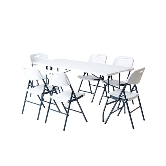 Mesa Plegable Blanca 180 cm + 6 Sillas Plegables Blancas LOOMBER