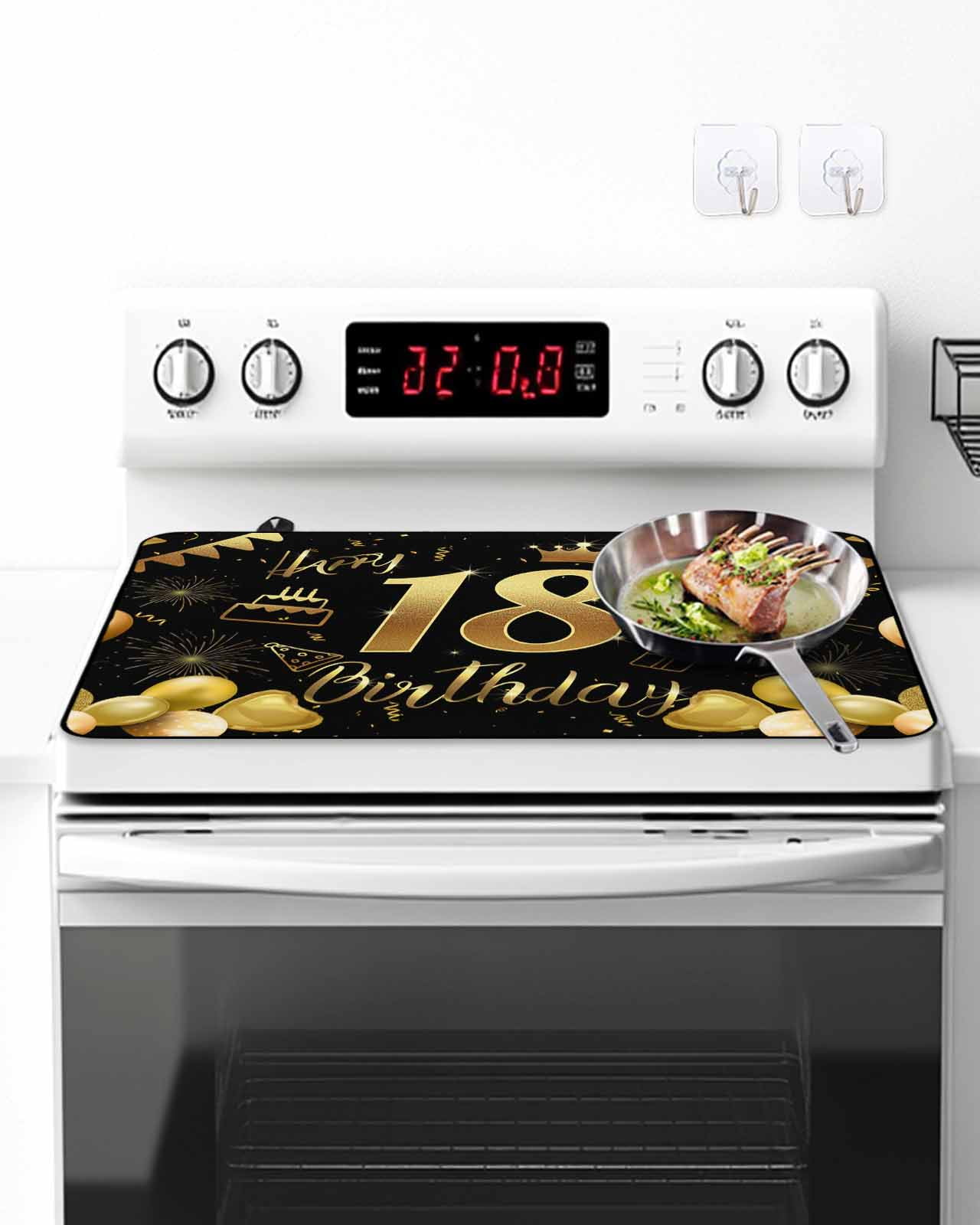 Stove Top Covers for Electric Stove, Happy 18th Birthday Glass Stovetop Cover Protector, Black Golden Balloon Cake Fireworks Induction Cooktop Protector Oven Mat for Kitchen Countertop 24"x21"