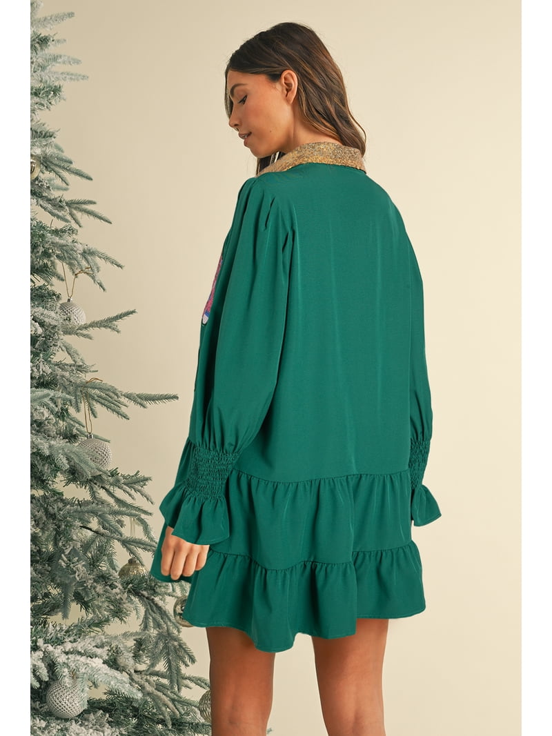 Women's Evergreen Christmas Sequin Nutcracker Collared Mini Dress with Ruffled Long Sleeves, (US 20-22)2XL