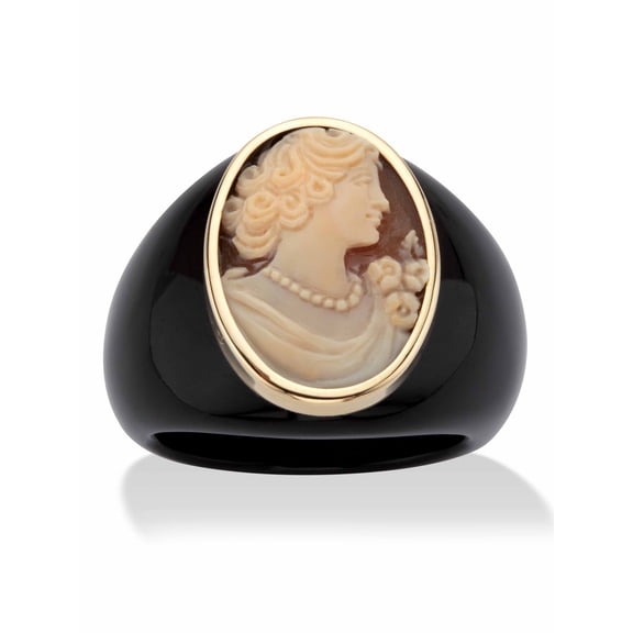 PalmBeach Jewelry Oval-Shaped Genuine Shell Cameo Genuine Onyx 10k Yellow Gold Classic Cameo Ring