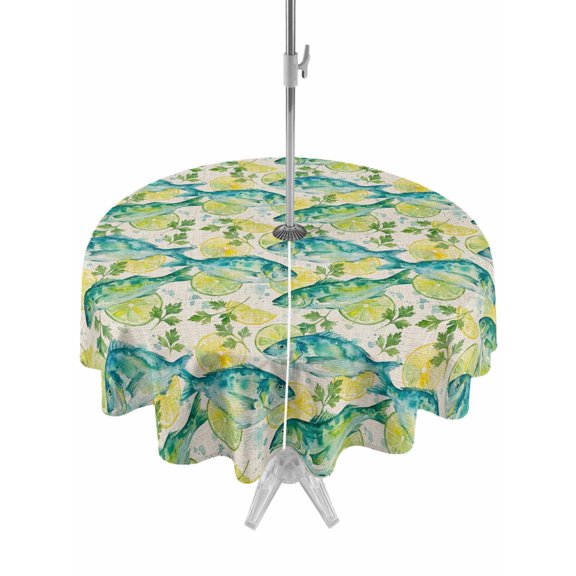 Outdoor Tablecloth with Umbrella Hole for Patio/Picnic/Party/Camping, Coastal Fish Waterproof Table Cloth Round Cover Washable, Summer Watercolor Ocean Animals Lemon Beige (Dia 54")