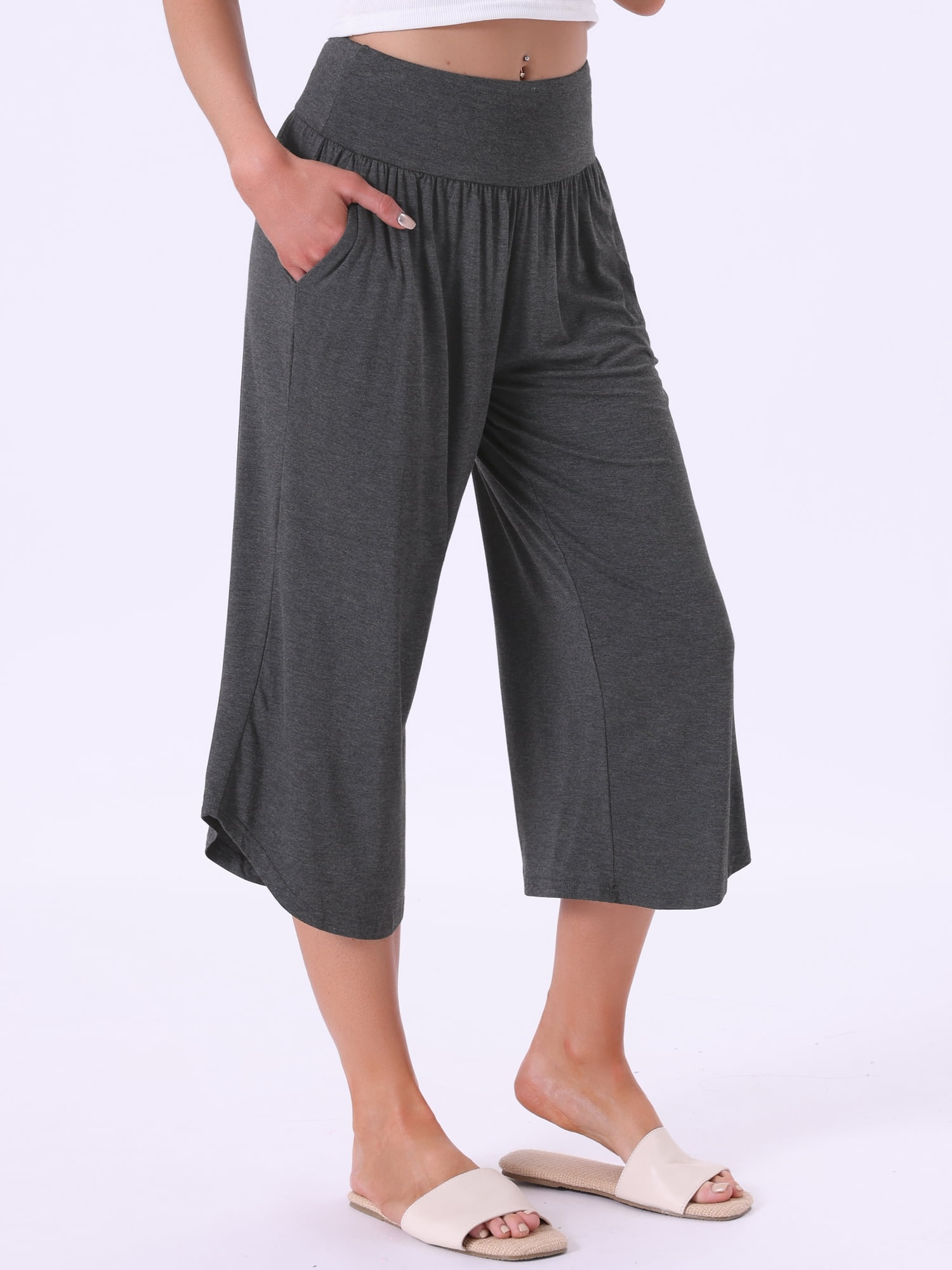 DARING DIVA Women's Capri Lounge Yoga Cropped Summer Casual Wide Leg Pants XL Gray