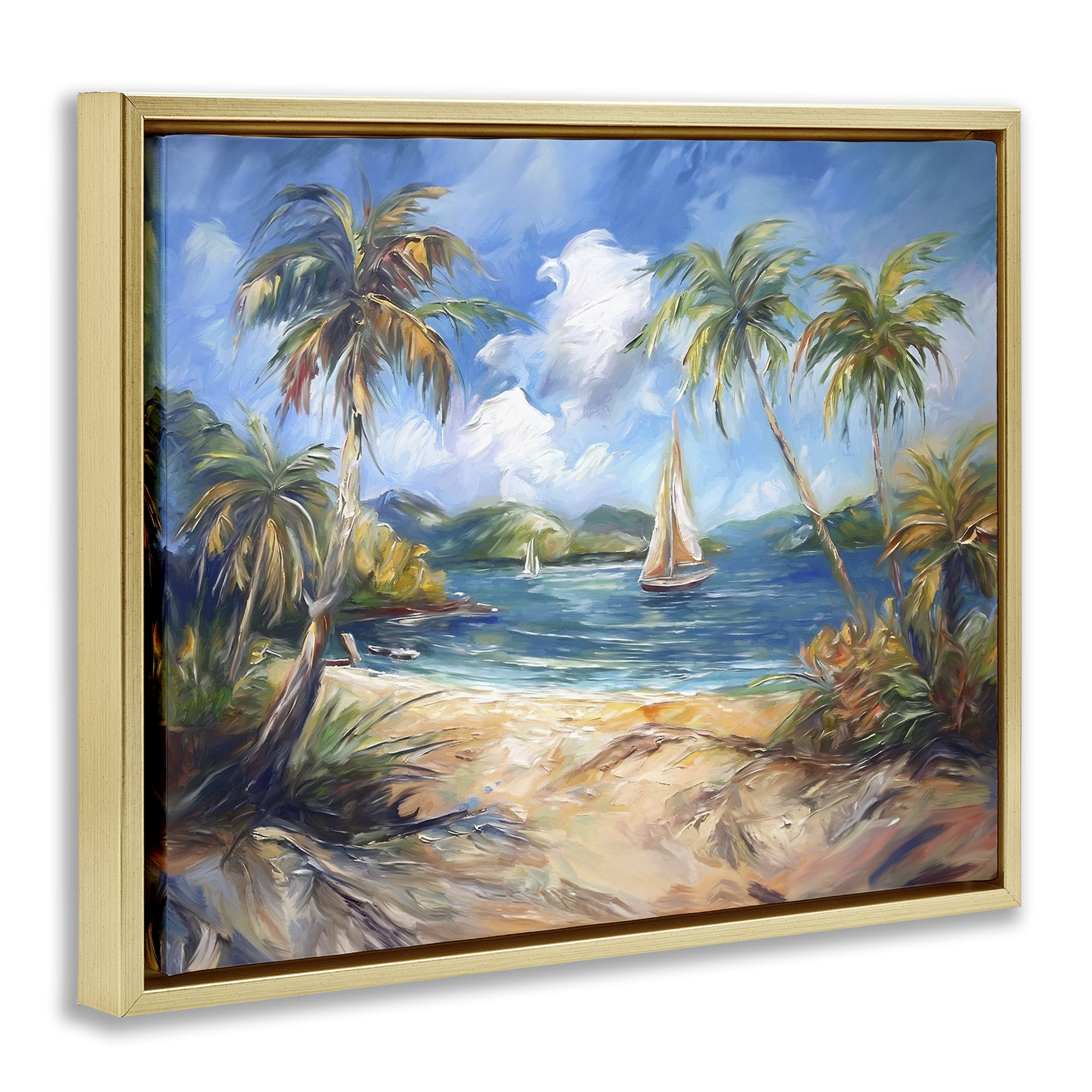 Stupell Industries Paradise Beach Harbor Coastal Painting Gold Floater Framed Canvas Art Print Wall Art, 21 x 17