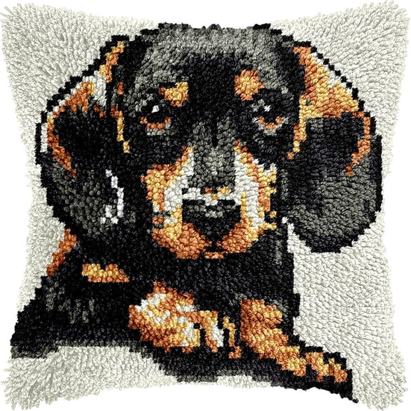 Dachshund Latch Hook Pillow Kits for DIY Handmade Throw Pillow Cushion Embroidery Latch Hooking Pillowcase Kits with Preprinted Canvas Crochet Yarn Kits 17''X 17''(g141)