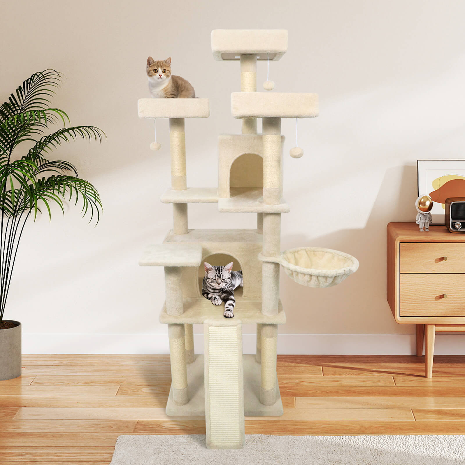 Costway 65” Tall Multi-level Cat Tree with 3 Upholstered Top Perch 2 Cat Condos Cat Basket Beige