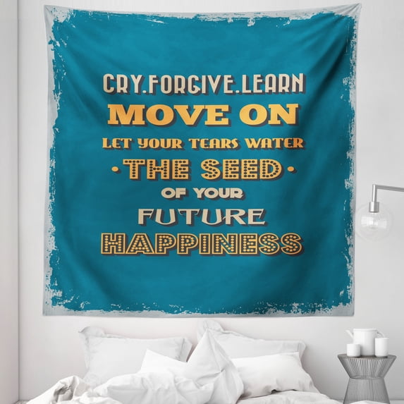 Wording Tapestry, Retro Grunge Background with Happiness Themed Word Arrangement, Fabric Wall Hanging Decor for Bedroom Living Room Dorm, 5 Sizes, Petrol Blue Orange Beige, by Ambesonne