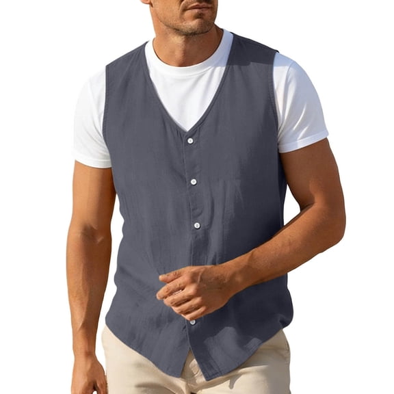 Men's V Neck Vest Cotton Linen Sleeveless Vest Button Up Sleeveless Tops Casual Layering Spring Summer Business Top Gray XL