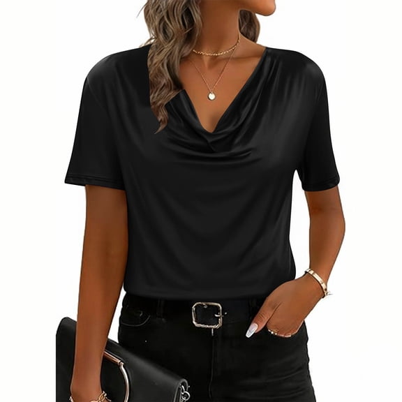 Vekome Womens Short Sleeve Tops Plus Size Shirts Cowl Neck Casual Tee Shirts Solid Color Summer Pullover Tops Black S