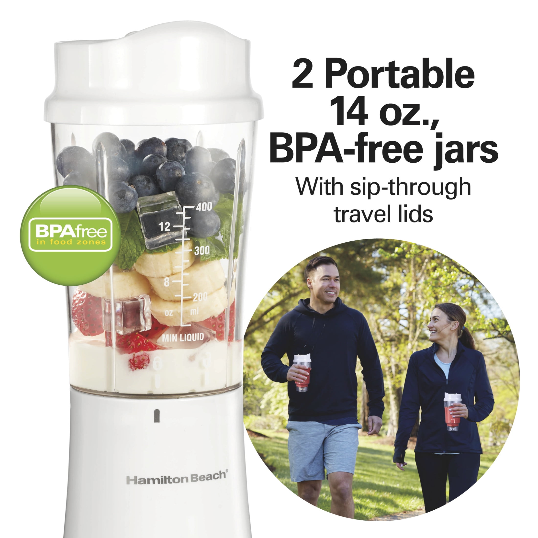 Hamilton Beach Personal Blender for Smoothies with 2 Travel Jars and Lids, White