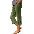 thumbnail image 2 of DPTALR Women's Summer Linen Solid Color Elastic Waist Pocket Capri Pants,Green,Size XXL, 2 of 6