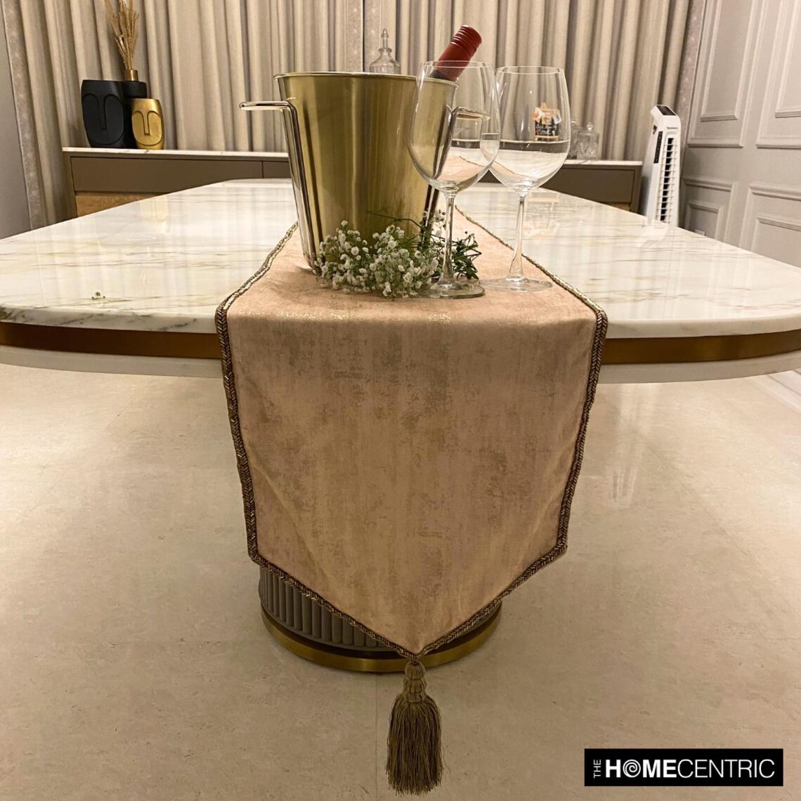 The HomeCentric Luxury Ivory Table Runner 8 - 10 Seater Table Runner (14 x 120 inch) Foil, Tassels, Suede fabric Table Linen, Abstract Pattern Modern Style - Shimmer Fest Ivory