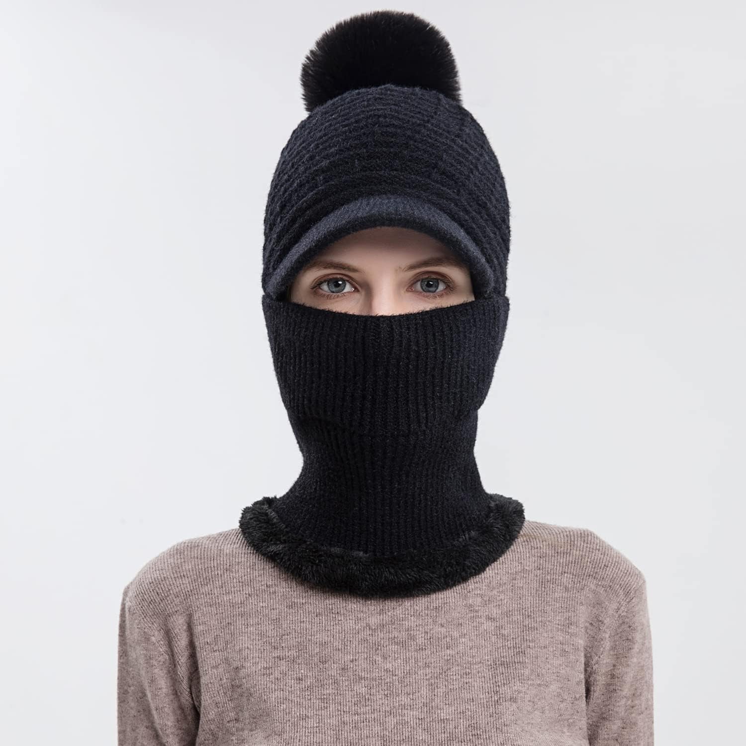 Zhengup Women Balaclava Visor One-Piece Skull Beanie Hat Neck Circle Scarf Ski Snow Winter Knit Fleece Cap Cold Weather