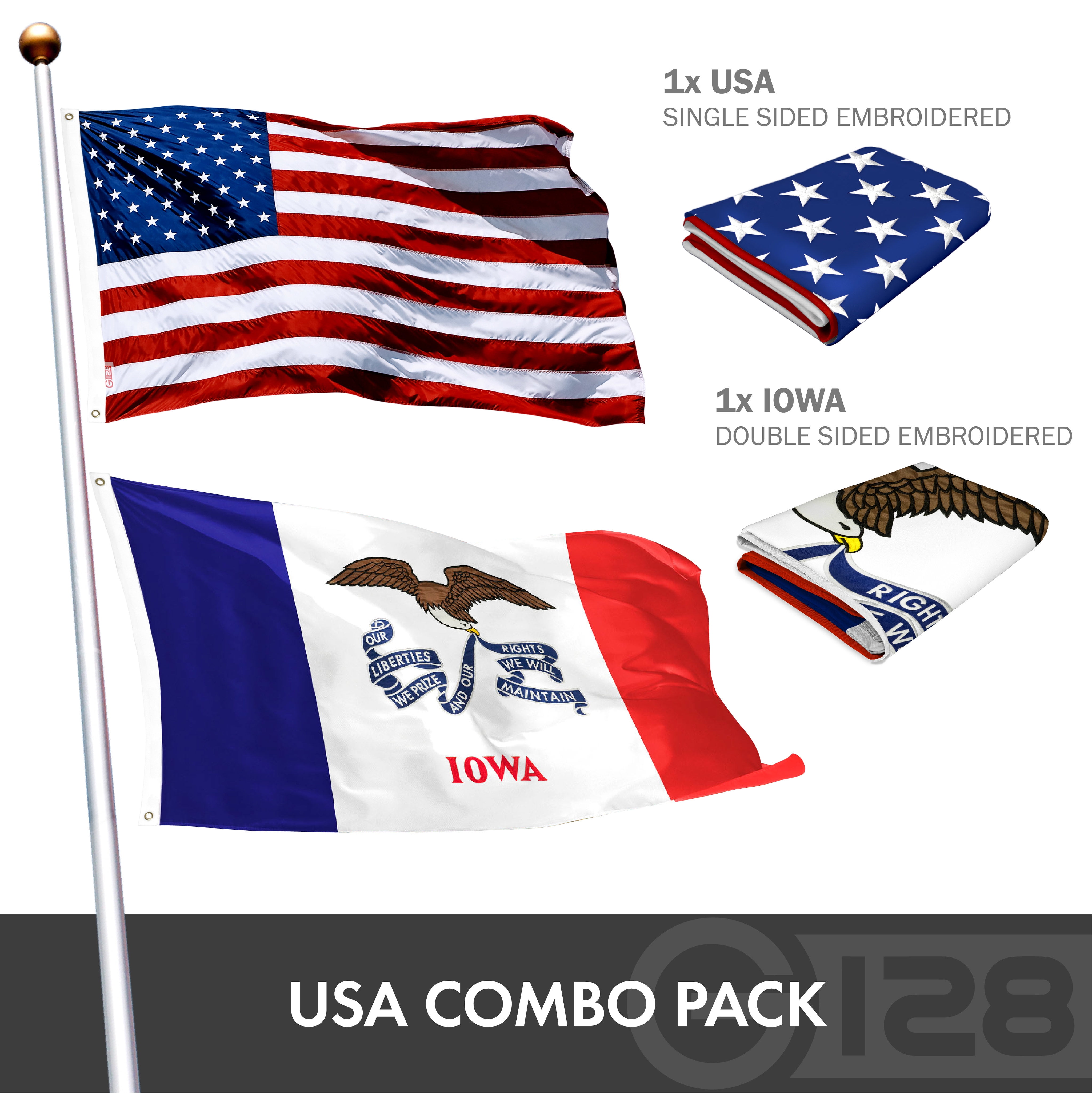G128 Combo Pack: USA American Flag 3x5 Ft Embroidered Stars & Iowa State Flag 3x5 Ft Embroidered Double Sided 3ply
