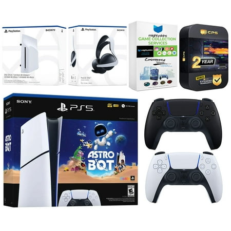 Sony PlayStation 5 Slim Digital Astro Bot Bundle with Disc Drive, Extra Controller, MightySkins Voucher and 2 Year Extended Warranty - Midnight Black
