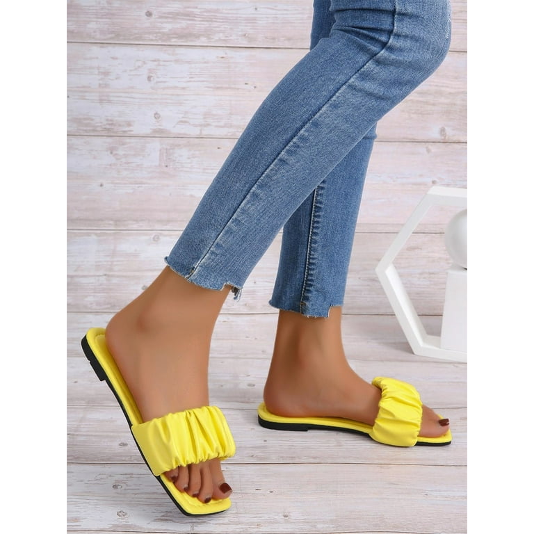 Women Faux Pearl Decor Ruched Detail Wedge Slide Sandals, PVC Elegant  Sandals