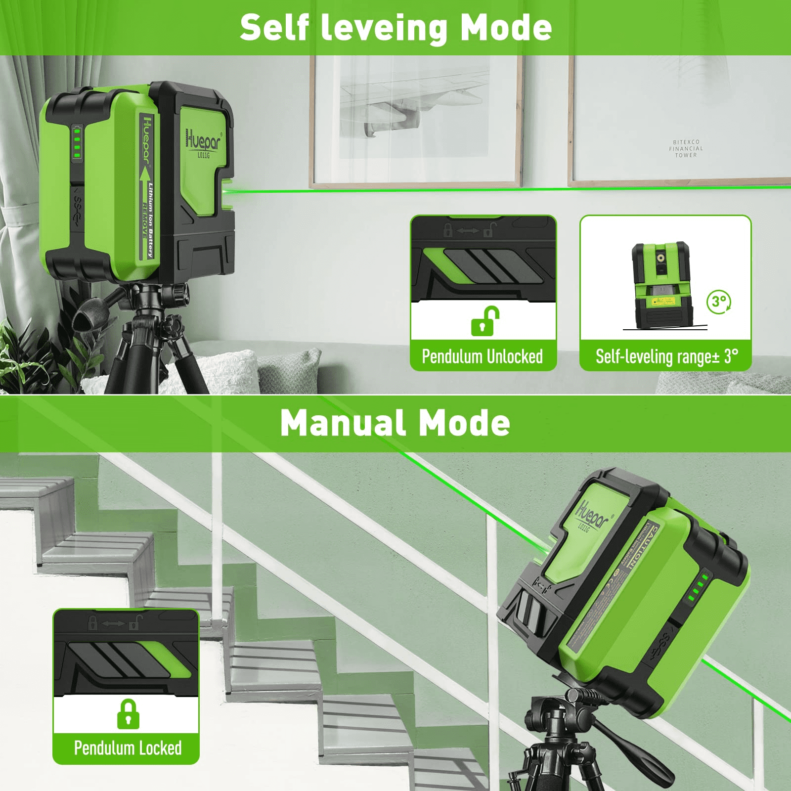 Huepar Green Beam Cross Line Laser Level Outdoor Self Leveling Laser Level Tools with 5200mAh Li-ion Battery