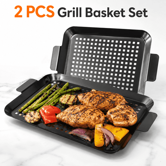 VALUNE 2PCS Grill pan: Non-stick enamel coating grill topper for outdoor grill - Grill topper suitable for camping, picnic, party