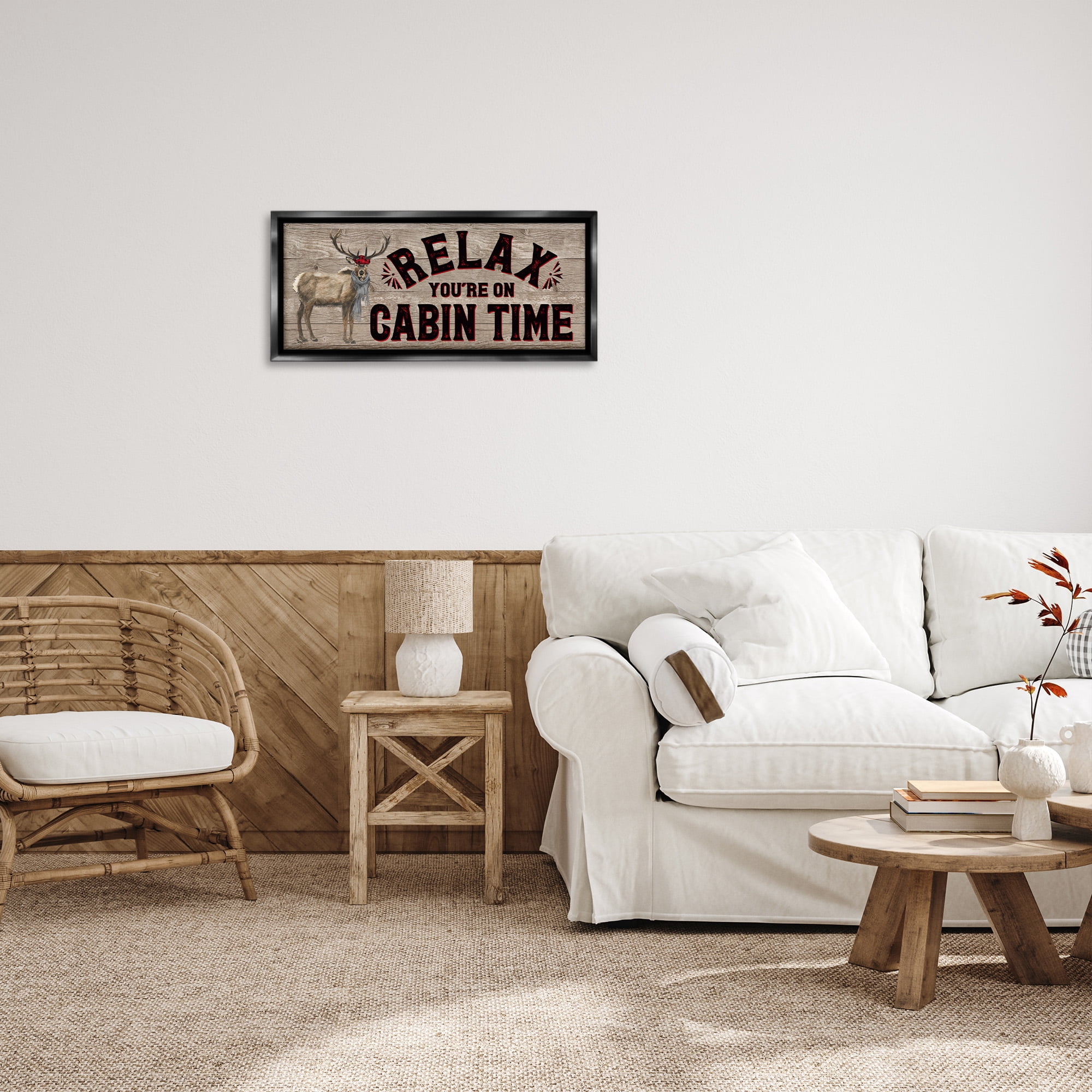 Stupell Industries Cabin Time Phrase with Deer Animals & Insects Painting Black Floater Framed Canvas Art Print Wall Art, 25 x 11