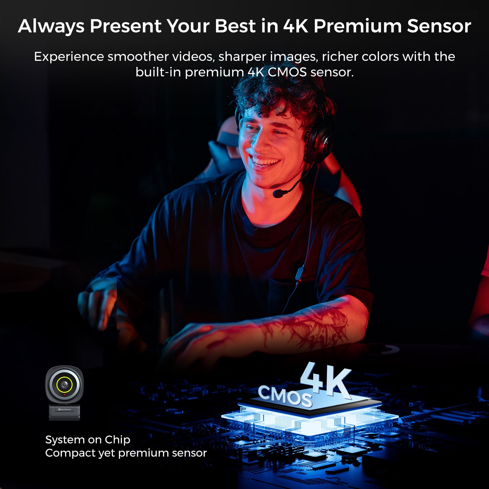 4K Webcam HDR 1080P@60FPS Noise Canceling Mic 45°-95°Adjustable FOV Auto  AI Framing for PC