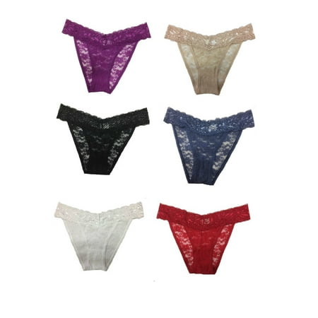 - Women 6 Pack Solid Color Lace Bikini Panties - Small