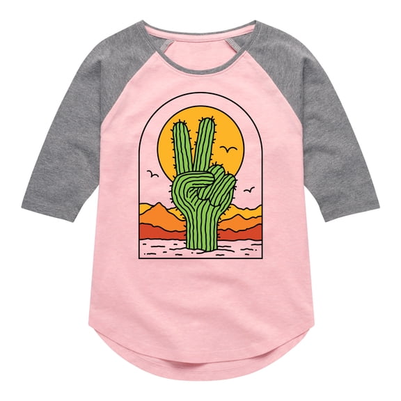 Instant Message - Cactus Peace Sign - Toddler & Youth Girls Raglan Graphic T-Shirt