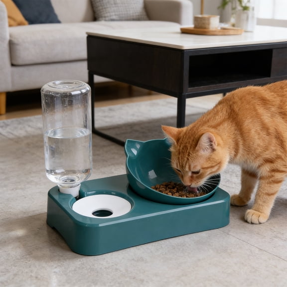 Gravity Cat Dog Bowl 2 in 1 Stainless Steel Automatic Water Dispenser, Pet Food Feeder with Self-Refilling Bowl, Non-Slip Base Anti-Spill Divided Dish, Easy Clean for Small Medium Pets