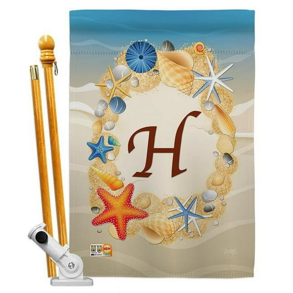 Breeze Decor BD-BN-HS-130164-IP-BO-D-US14-BD 28 x 40 in. Summer H Initial Coastal Beach Impressions Decorative Vertical Double Sided House Flag Set & Pole Bracket Hardware
