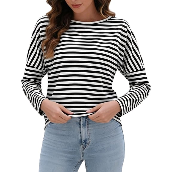 Yuanlong Womens Striped Long Sleeve T Shirt Crew Neck Classic Relaxed Fit Tee Soft Breathable Office Daily Basic Layering Top