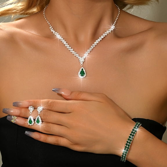 AEXTO 4pcs Cluster Jewelry Set  Necklace, Earrings, Bracelet Ring with Simulated Emerald Cubic Zirconia, Vintage-Inspired Statement Accessories for Women, Perfect for Weddings, Parties