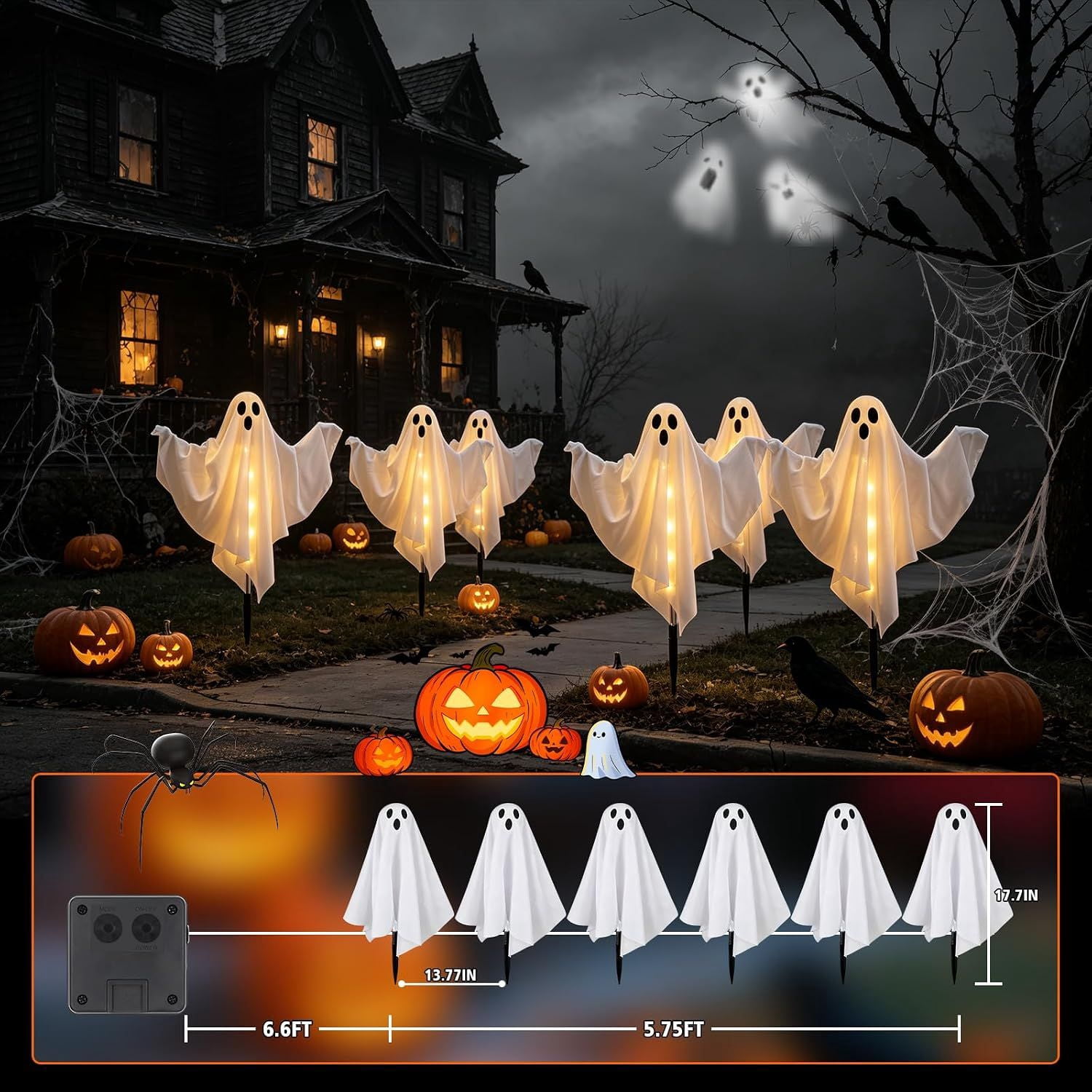 Solar Halloween Ghost Lights, 6-Piece Outdoor Stake Decorations with Warm White Glow and Poseable Arms for Garden Path, Yard, Porch, and Haunted House Displays