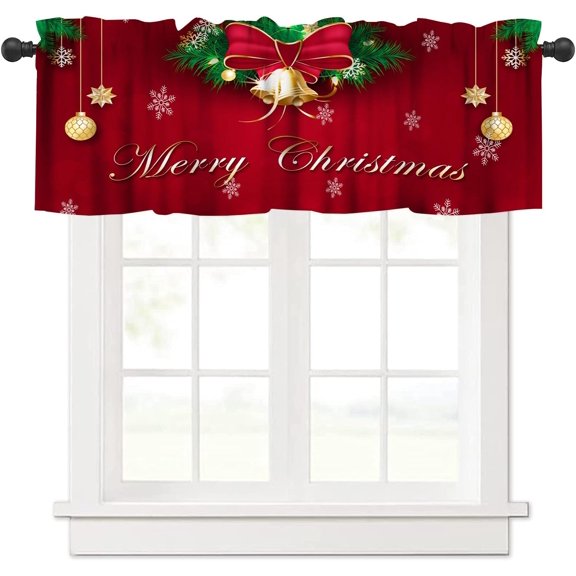 Christmas Valance Curtain for Kitchen, Red Snowflake Christmas Bells Christmas Tree Gift Valances Curtains Window Treatment Drapes for Bedroom Living Room 54x18In