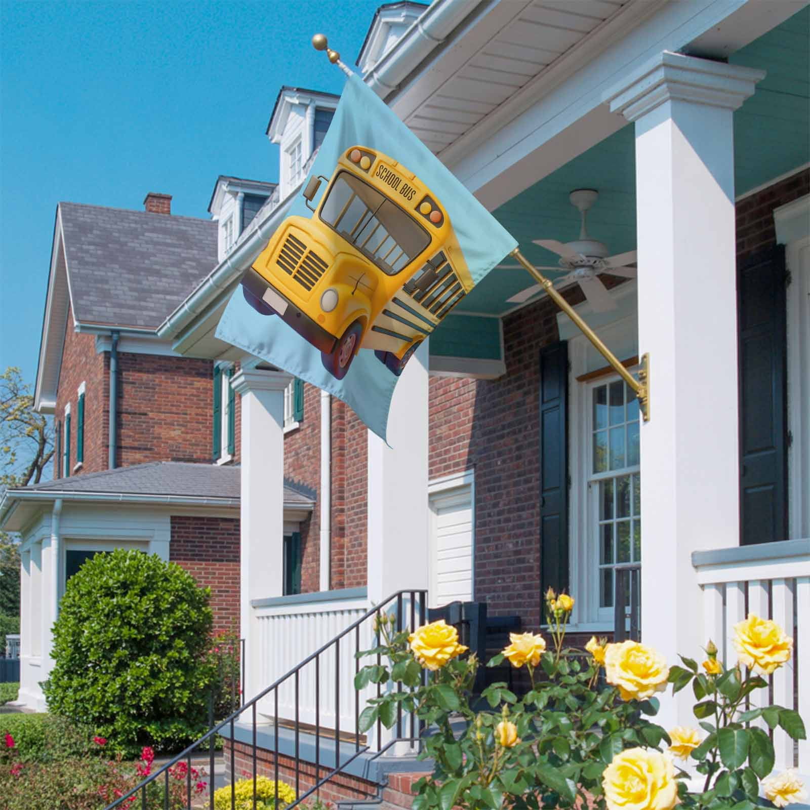 Yellow School Bus House Flag 28 x 40 Inches, Blue Background Cartoon 3D Simple Weather Proof Outdoor Patio Flags Double Sided Small House Decoration for Yard Lawn Outside Home