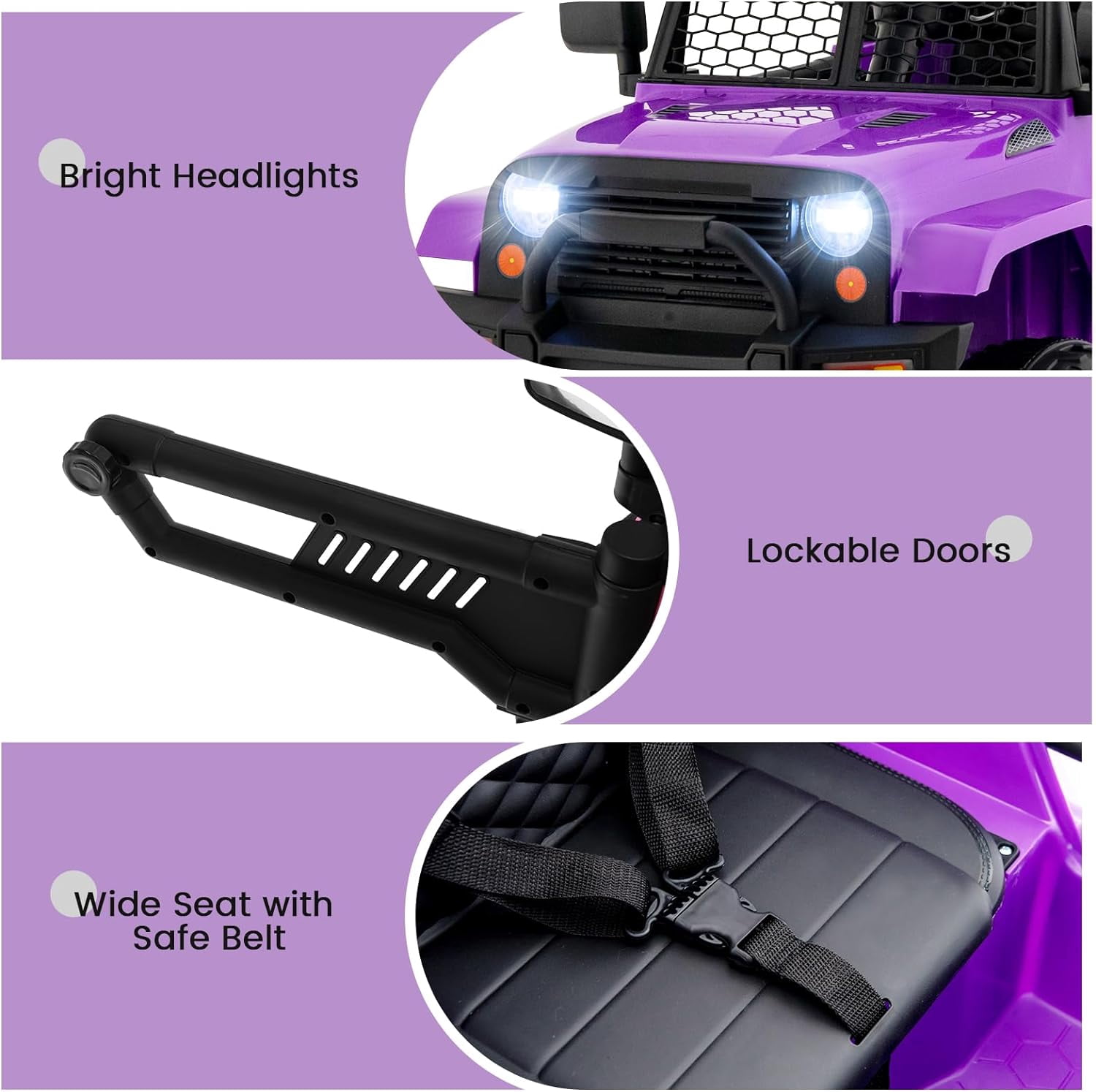 OLAKIDS Kids Ride On Truck, 12V Electric Vehicle Car with Remote Control, Toddlers Battery Powered Toy with 2 Speeds, Spring Suspension, Double Open Doors, LED Lights, Music, USB, Mp3 (Purple)