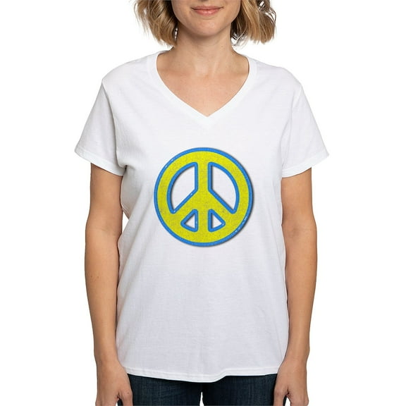 CafePress - Ukraine Flag Ukrainian Pride Peace Symbol T Shirt - Womens Cotton V-Neck T-shirt