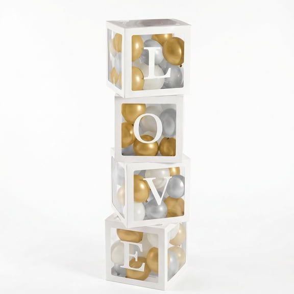 Love Balloon Boxes Set of 5 with 65 Gold & Silver Latex Balloons, 11.75in Cardstock Party Decoration Boxes, Easy Assemble for Birthday, Wedding, Engagement, Anniversary