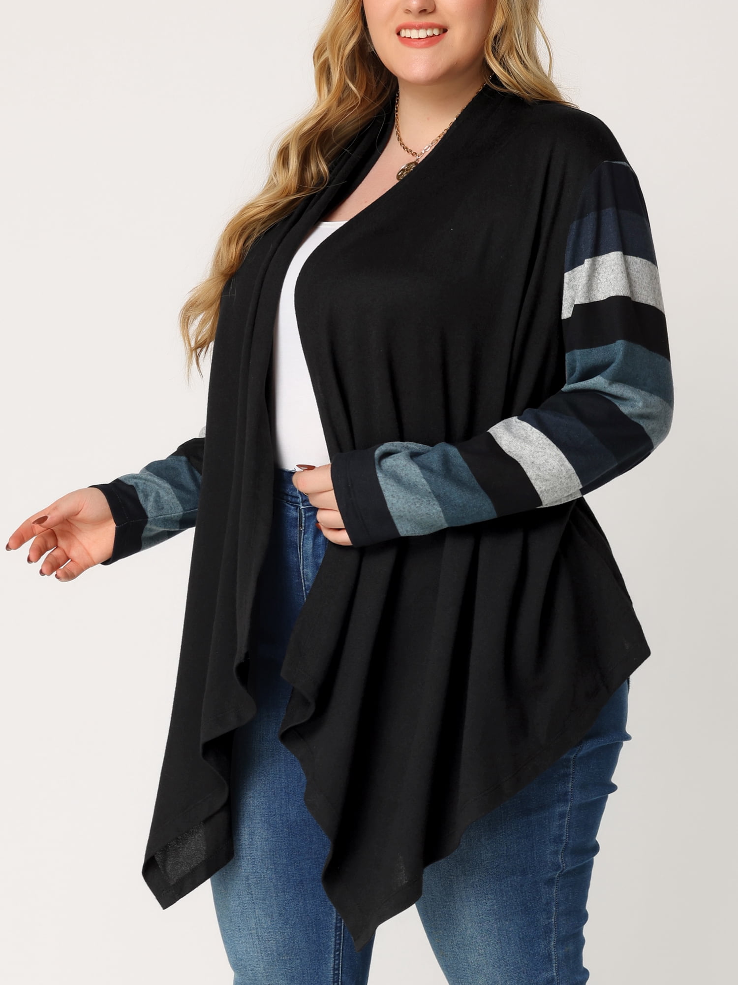 DARING DIVA Plus Size Striped Open Front Knit Cardigan Sweaters Shrugs 2X Black