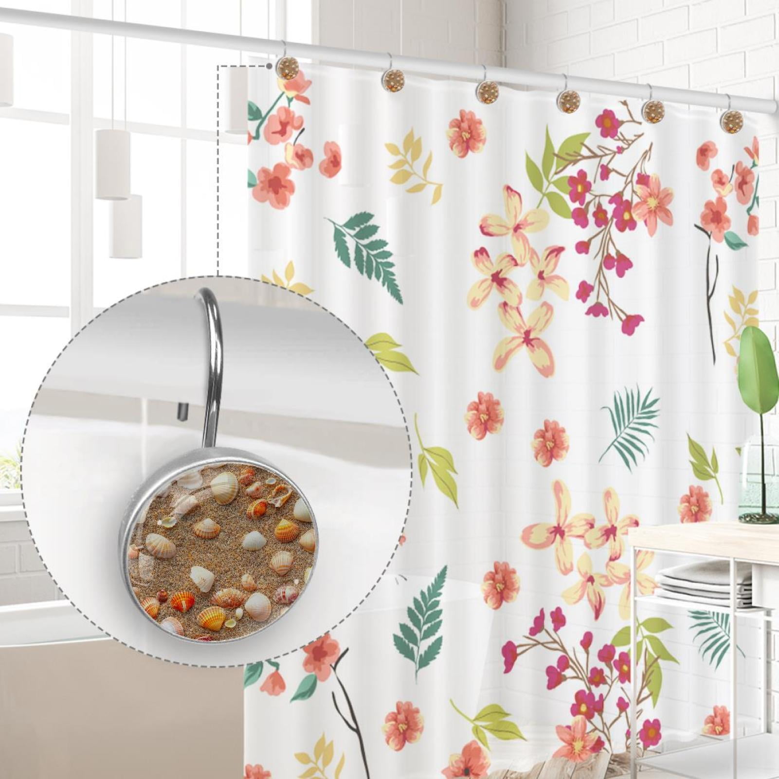 Sea Shells on Beach Sand Shower Curtain Hooks Round Crystal Glass, Set of 12 Shower Curtain Rings - Shower Hooks for Curtain Shower Rings