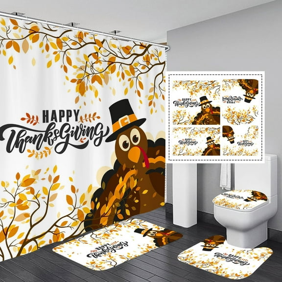 Fall Thanksgiving Shower Curtain Sets, 4Pcs Autumn Turkey Farmhouse Harvest Bathroom Sets with Non Slip Rugs, Toilet Lid Cover, Bath Mat, Shower Curtain, Bathroom Decor with 12 Hooks