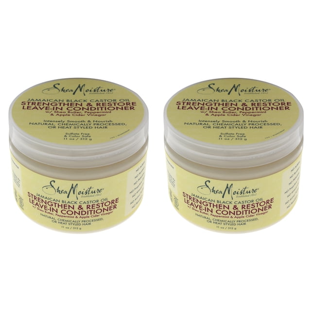 jamaican black castor oil strengthen & grow leave-in conditioner - pack of 2 by shea moisture for unisex - 11 oz conditioner shea moisture shea moisture shea moisture Two 11 oz round plastic jars with pale yellow labels and clear screw lids, centered front-facing on white background; labels show SheaMoisture and the product name. Often used as a travel-ready leave-in styling aid for maintaining hair moisture while on the go.