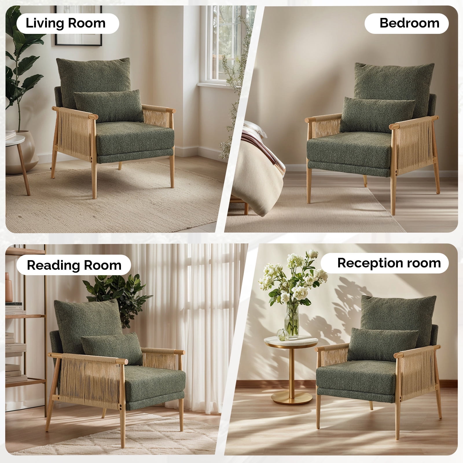 Ktaxon Accent Chair, Solid Wood and Jute Rope Armrests Armchair, Single sofa with Lumbar Pillow for Living Room Bedroom Office Dark Green