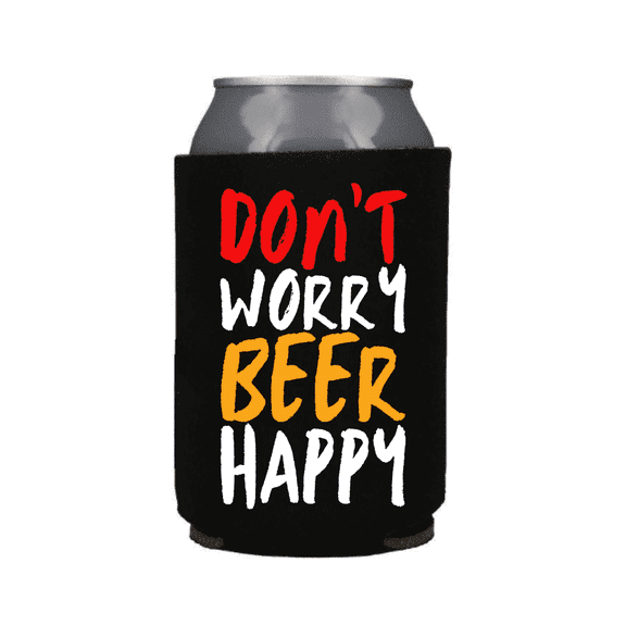 Funny Beer Can Cooler, Don't Worry Beer Happy, Funny Coolies Drink Accessory, Beer Sleeves, Party Gift Favors (Black)
