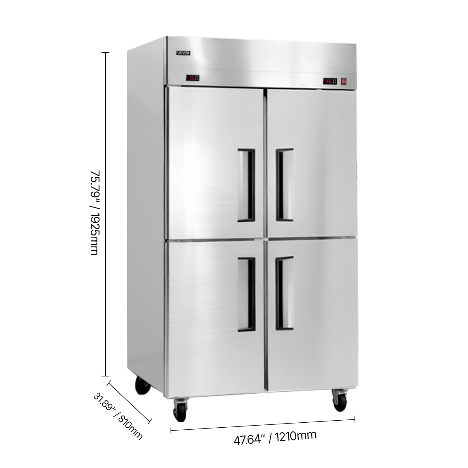 VEVOR Commercial Refrigerator and Freezer Combo 48"W, 31 Cu.Ft Stainless Steel Upright Freezer/Refrigerator with 4 Doors, Auto-Defrost, 6 Adjustable Shelves, UL Certified